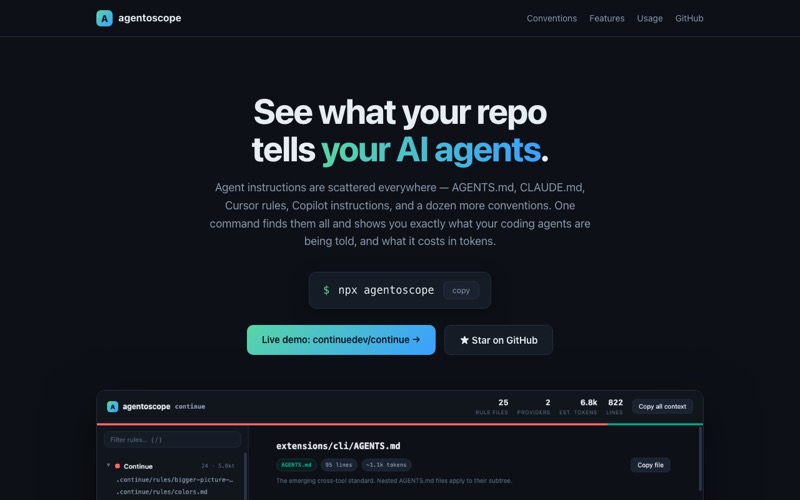 agentoscope screenshot: What your repo tells AI agents, and what it costs