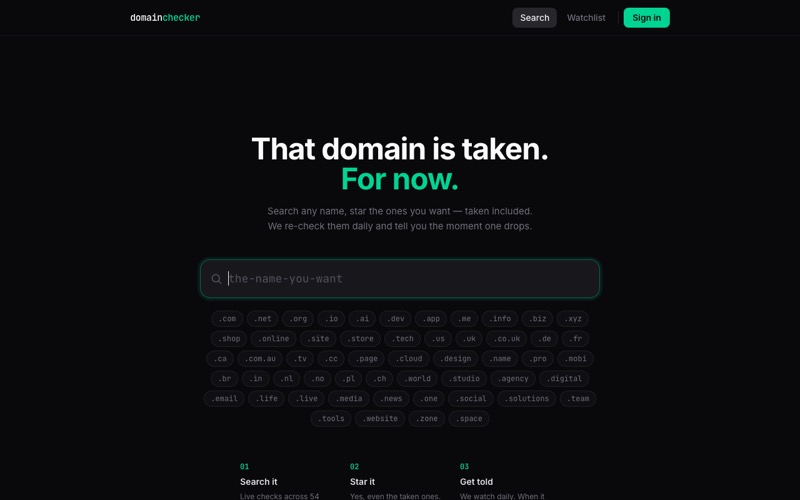 domainchecker screenshot: Domain search across 50+ TLDs