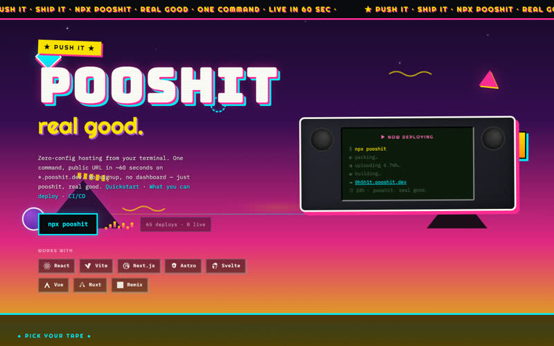 pooshit screenshot: Deploy from your terminal in 60 seconds